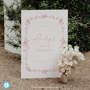 Modello di cartello di benvenuto floreale rosa per neonati, cartelli di benvenuto per baby shower e matrimonio, poster di benvenuto per baby shower Toile, Templett #077