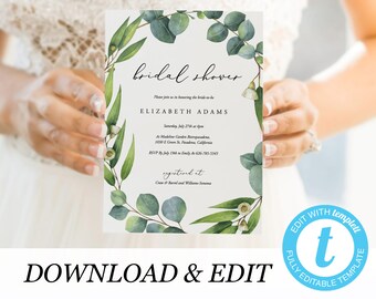 Eucalyptus Bridal Shower Invitation Template, Rustic Wedding Shower Invite, Printable fully Editable Instant download Templett