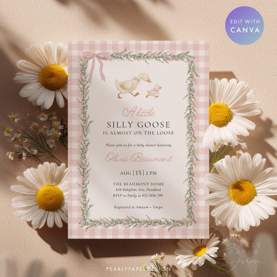 Silly Goose Baby Shower Invitation Template, Pink Gingham Girl Baby Shower Invite, Silly Goose Invite, Digital Invitation, Canva #SG2512