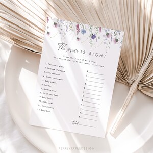 Modelo de jogo de chá de bebê Price is Right, jogos de chá de bebê com flores silvestres, jogo de chá de bebê com flores boho, jogo de adivinhar o preço, Templett #081