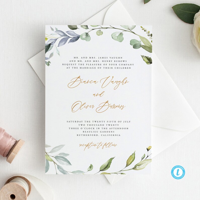 May include: A wedding invitation with a watercolor floral border in shades of green and blue. The invitation features the names "Bianca Vaughn" and "Oliver Burrows" in gold script font. The text reads "MR. AND MRS. JAMES VAUGHN AND MR. AND MRS. HENRY BUROWS REQUEST THE PLEASURE OF YOUR COMPANY AT THE MARRIAGE OF THEIR CHILDREN Bianca Vaughn and Oliver Burrows SATURDAY THE TWENTY FIFTH OF JULY TWO THOUSAND TWENTY THREE O'CLOCK IN THE AFTERNOON BEAULIEU GARDENS RUTHERFORD, CALIFORNIA reception to follow"