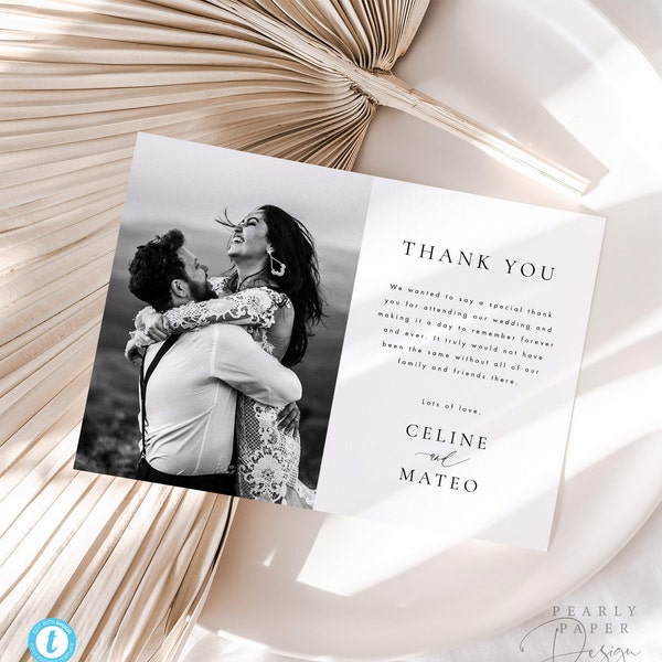 Plantilla de tarjeta de agradecimiento de boda Descarga digital, Tarjeta de agradecimiento moderna imprimible con plantilla de foto #CELINE