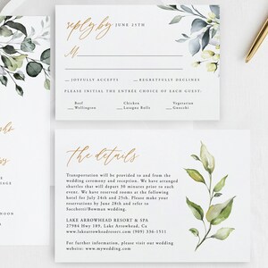 May include: A wedding RSVP card with a watercolor floral design. The card includes a reply by date of June 25th, a list of entree choices, and details about transportation and the wedding venue, Lake Arrowhead Resort & Spa.