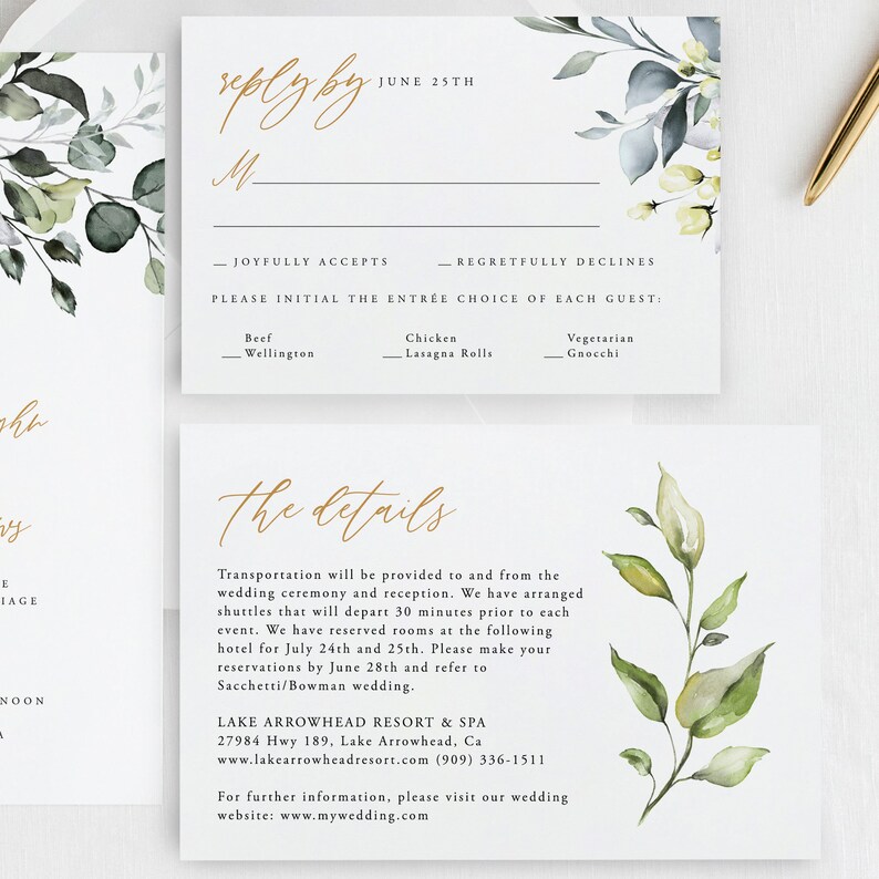 May include: A wedding RSVP card with a watercolor floral design. The card includes a reply by date of June 25th, a list of entree choices, and details about transportation and the wedding venue, Lake Arrowhead Resort & Spa.