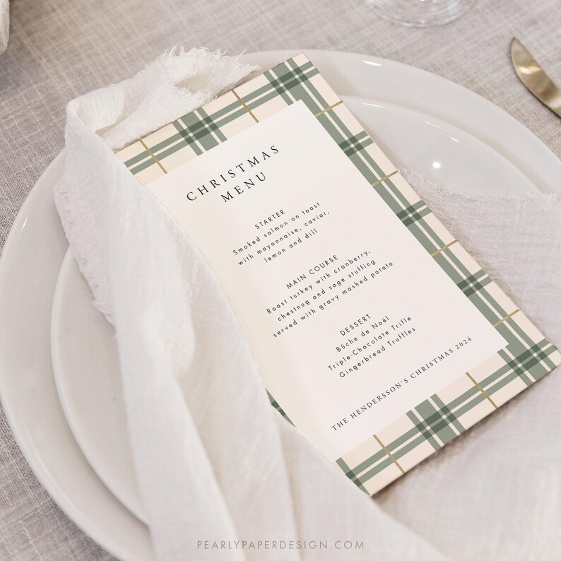 May include: A Christmas menu card with a green and white plaid pattern. The menu includes starter, main course, and dessert options. The text reads "Christmas Menu", "Starter", "Smoked salmon on toast with mayonnaise, caviar, lemon and dill", "Main Course", "Roast turkey with cranberry, chestnut and sage stuffing served with gravy mashed potato", "Dessert", "B&uuml;che de No&euml;l", "Triple-Chocolate Trifle", "Gingerbread Truffles", and "The Henderson's Christmas 2024".