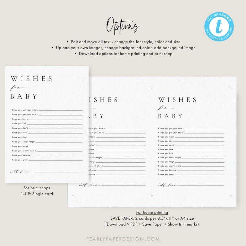Może przedstawiać: Drukowany szablon karty z życzeniami na baby shower z tekstem "Wishes for Baby" i listą życzeń dla dziecka. Szablon jest dostępny w dw&oacute;ch rozmiarach: 8,5"x11" lub A4. Szablon jest w pełni edytowalny i można go dostosować do własnych obraz&oacute;w, tekstu i kolor&oacute;w.