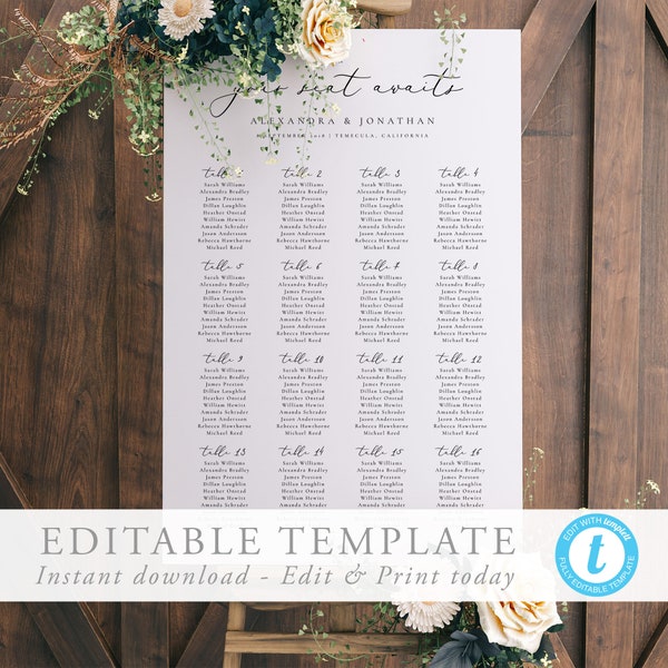 Table seating chart template Editable Seating Elegant Wedding Seating Chart Modern Printable Seating Plan Editable Sign Templett 10