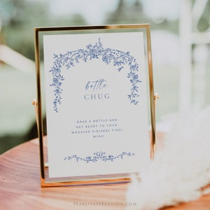 Bottle Chug Game Sign Template, Blue Floral Baby Game Sign, Toile Baby Shower Drink Game, Baby Shower Game Download, Templett #077