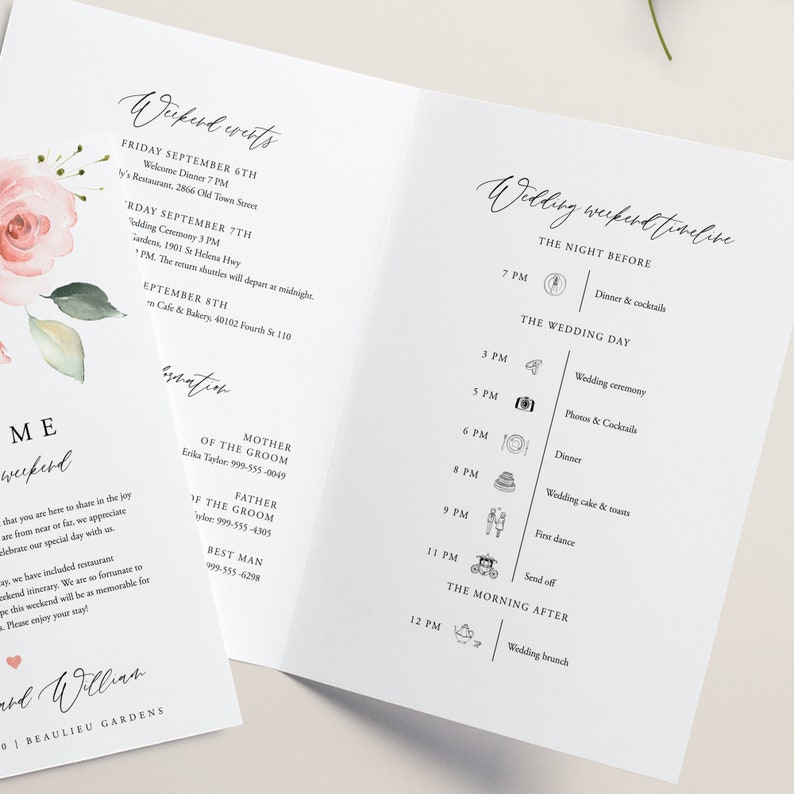 Peut inclure: Un calendrier de week-end de mariage avec un motif floral sur le c&ocirc;t&eacute; gauche. Le calendrier comprend la c&eacute;r&eacute;monie de mariage, le d&icirc;ner, le g&acirc;teau de mariage et les toasts, la premi&egrave;re danse, le d&eacute;part et le brunch de mariage. Le texte sur le c&ocirc;t&eacute; gauche comprend les dates et les heures des &eacute;v&eacute;nements, ainsi que les lieux.