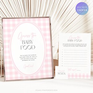 May include: Baby shower game set with a pink gingham design. The main sign reads "Guess the Baby Food" within a pink oval. Includes a game sheet and a small card, all with the same design.