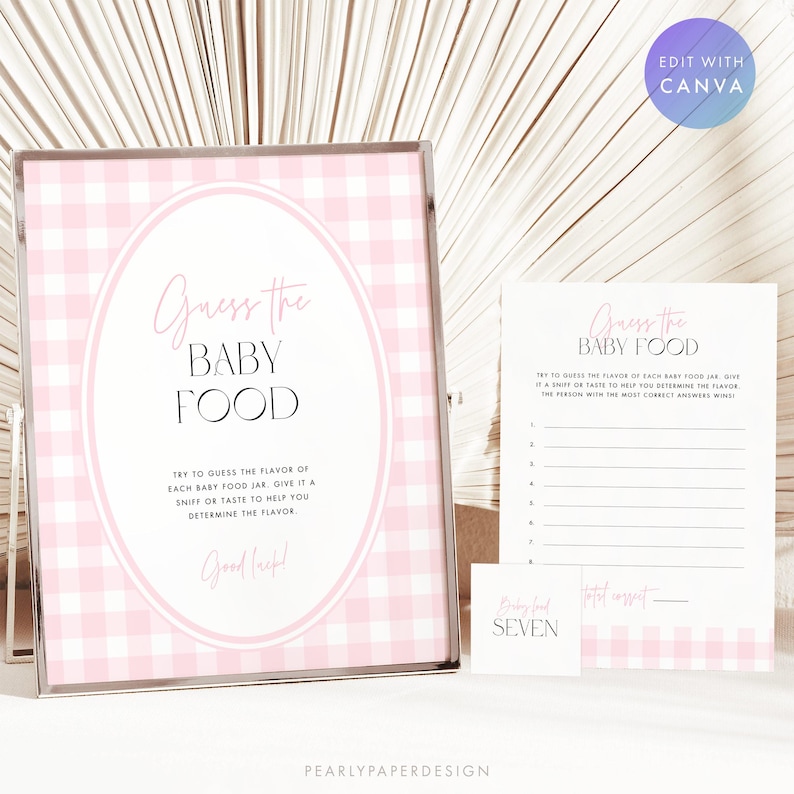 May include: Baby shower game set with a pink gingham design. The main sign reads "Guess the Baby Food" within a pink oval. Includes a game sheet and a small card, all with the same design.