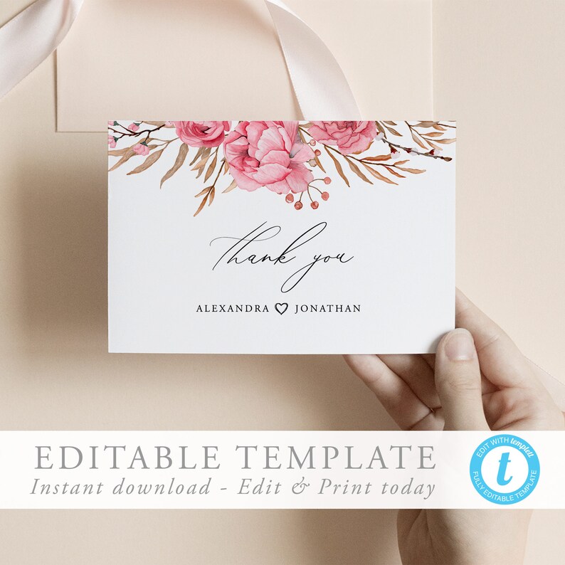 Thank You Card Template Printable Floral Thank You Card Blush | Etsy