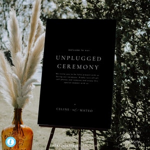 Pobierz czarno-biały szablon znaku ślubnego Unplugged, nowoczesny minimalistyczny znak ceremonii Unplugged do wydrukowania Unplugged Signs Templatett #b45