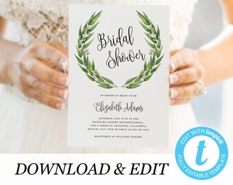 Rustic Bridal Shower Invite Template, Woodland Greenery Wedding Shower Invitation Template, Printable Editable Instant download Templett