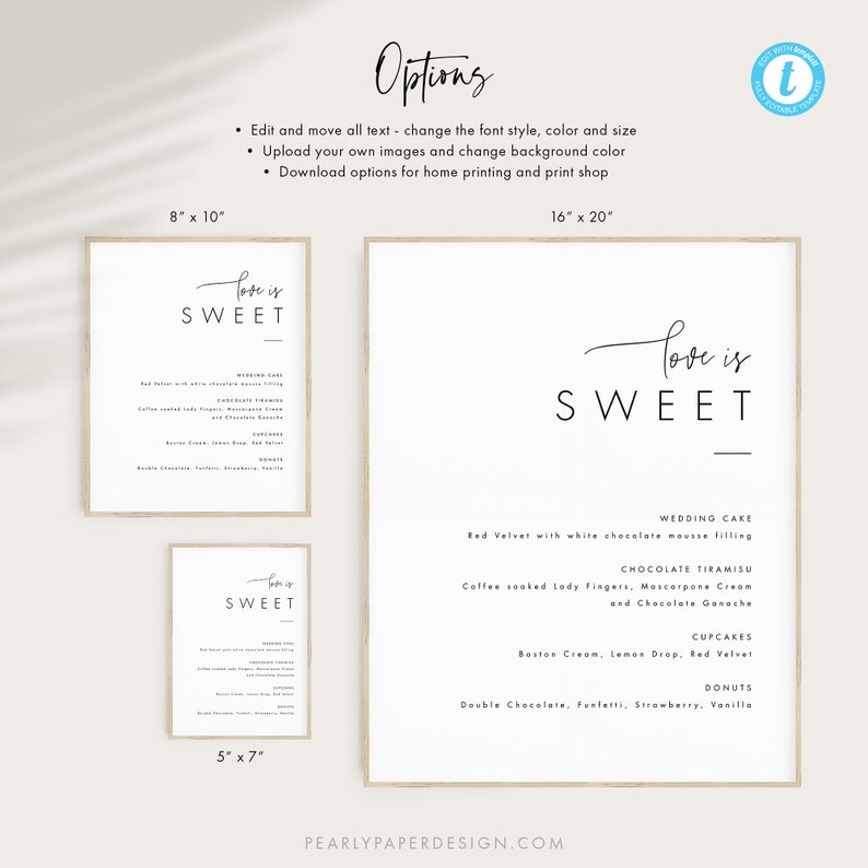 Puede incluir: Tres carteles de boda imprimibles con el texto "Love is Sweet" en caligraf&iacute;a negra. Los carteles est&aacute;n disponibles en tres tama&ntilde;os: 8x10 pulgadas, 5x7 pulgadas y 16x20 pulgadas. Los carteles presentan un men&uacute; de pastel de bodas con opciones para pastel de bodas, tiramis&uacute; de chocolate, cupcakes y donas.