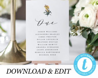 Tischkarten-Vorlage für Hochzeitstische mit Tischnummern, Kalligrafie, floralem Muster und bearbeitbarem Sitzplan, elegante Sitzordnung, Templett 06