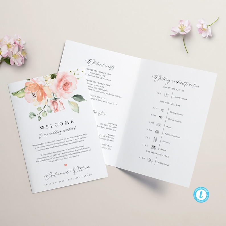 Peut inclure: Un programme de week-end de mariage avec un motif floral sur le c&ocirc;t&eacute; gauche. Le programme comprend les &eacute;v&eacute;nements de la veille, du jour du mariage et du lendemain matin. Le texte comprend "Bienvenue &agrave; notre week-end de mariage !" et "Caroline et William 29-31 mai 2020 | Bradleigh Gardens".