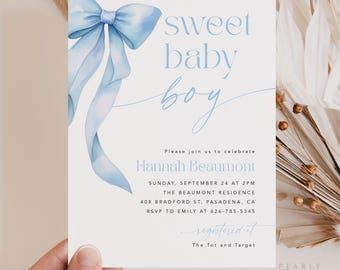 Modello di invito per baby shower con fiocco blu, invito per baby shower dolce per neonato, invito per baby shower con civetta blu, modello modificabile #bl088