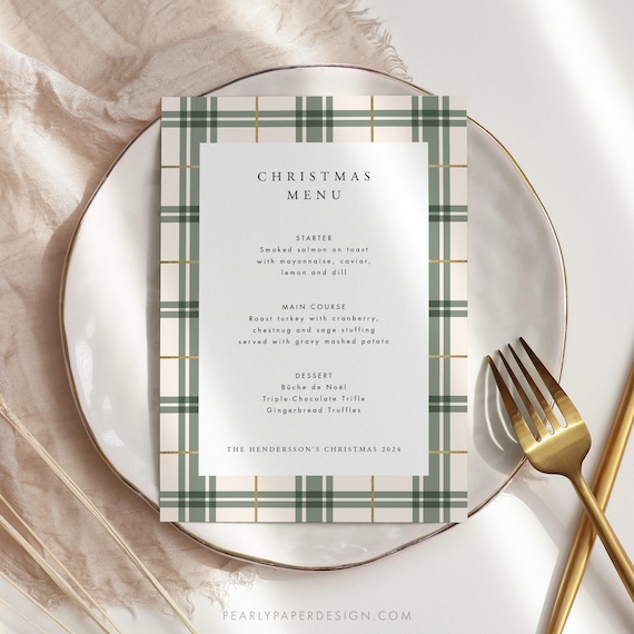 Plaid Christmas Menu Template, Green Christmas Dinner Menu Card Template, Green Plaid Holidays Menu Card, Classic Christmas Menu, Templett