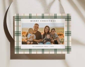 Plaid Christmas Card with Photo, Green Christmas Card Template, Green Plaid Happy Holidays Photo Card, Classic Christmas Card, Templett