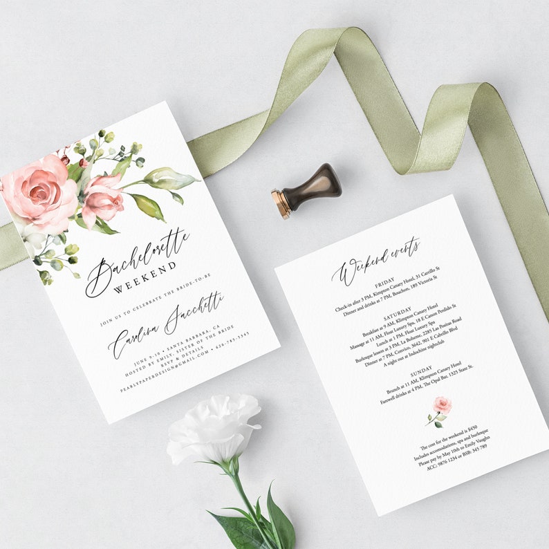 May include: A white invitation suite for a bachelorette weekend. The main invitation features pink roses and greenery, with the text "Bachelorette Weekend" and the bride's name. A second card lists weekend events. A green ribbon and a wax seal are also present.