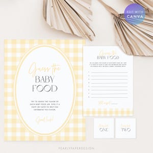 Może przedstawiać: Zestaw gier na baby shower z ż&oacute;łtym wzorem w kratkę. Zestaw zawiera dużą kartę z napisem "Zgadnij jedzenie dla dziecka" złotym pismem, kartę do gry i dwie małe karty z napisem "Jedzenie dla dziecka jeden" i "Jedzenie dla dziecka dwa".