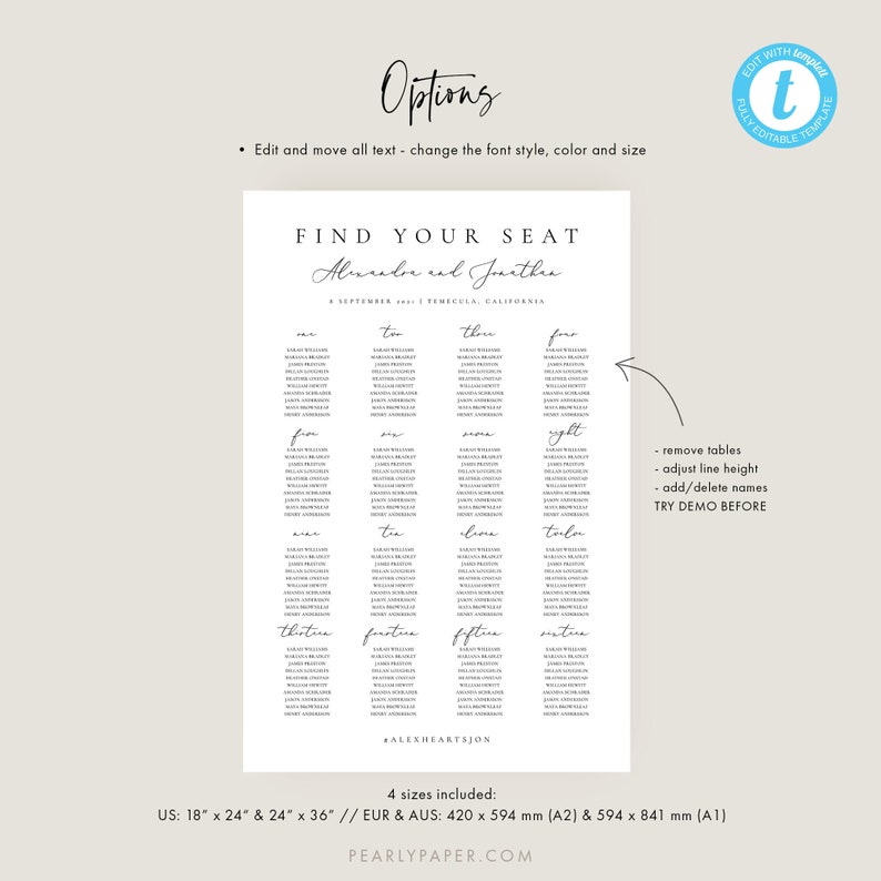May include: A printable wedding seating chart template with the text "Find Your Seat" and "Alexander and Jonathan" in a minimalist style. The chart includes table numbers and guest names. The template is available in four sizes: 18" x 24", 24" x 36", 420 x 594 mm (A2), and 594 x 841 mm (A1).