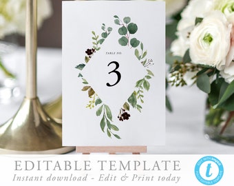 Rustic Table numbers Template Wedding Table number cards Boho wedding Rustic table cards Editable seating Templett 15