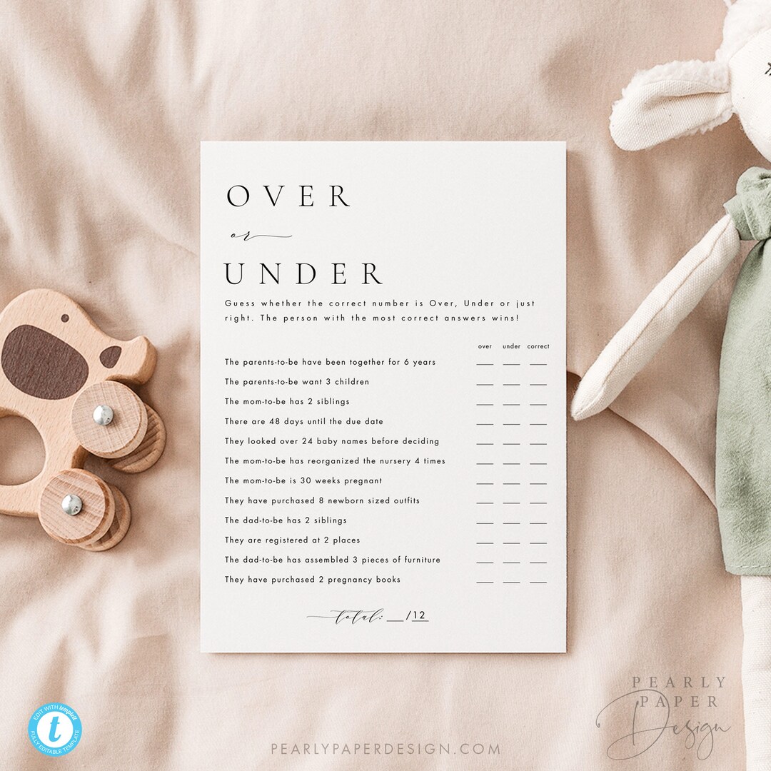 Baby Shower Over or Under Game Template, Minimalist Baby Shower Games ...