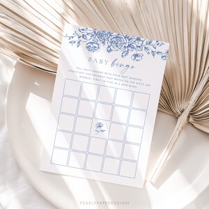 Baby In Bloom Baby Shower Bingo Game - Blue Floral Gender Neutral Party Game Set, 25 Cards 5x7 Inches