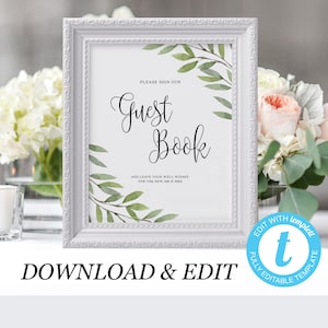 Rustic Wedding Guest book Sign Template Printable Wedding Guestbook Sign greenery Wedding sign Boho wedding Instant download Templett 01