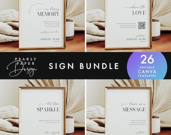 May include: A bundle of four framed signs with gold frames and white backgrounds. The signs feature elegant black text with phrases like "In Loving Memory" and "Share the Love." The bundle includes 26 editable Canva templates.