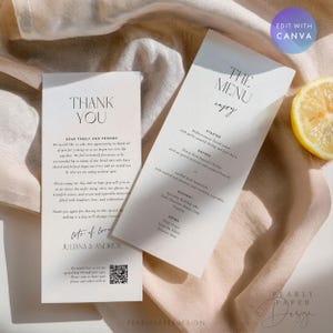 Nota de agradecimiento de boda moderna con código QR y menú, menú de cena y tarjetas de agradecimiento para la mesa, tarjeta de agradecimiento de recepción, Canva #JA2504 JULIANA