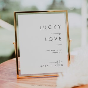 Szablon znaku Lucky In Love, Minimalistyczny znak loterii ślubnej, Znak upominków na loterii ślubnej, Minimalistyczny szablon znaku ślubnego #064