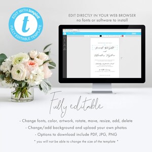 Może przedstawiać: Ekran komputera wyświetlający szablon zaproszenia ślubnego z tekstem "Send Wright and Charles Tyler" w ozdobnym, pisanym stylu. Pod ekranem widnieje napis "Fully editable". Na zdjęciu widoczny jest r&oacute;wnież bukiet r&oacute;żowych i białych kwiat&oacute;w w przezroczystym szklanym wazonie.