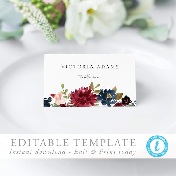 Printable Place card Template Marsala Wedding Place Cards Wedding Place Cards Templett Burgundy navy Editable Pdf DIY Place cards 12