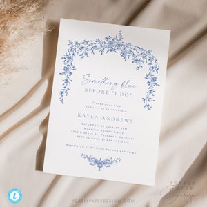 Blue Floral Bridal Shower Invitation Template, Something Blue Before I Do, Toile Bridal Shower Invite, Printable Invite, Templett #077