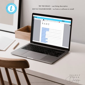 Może przedstawiać: Laptop wyświetlający drukowaną grę na baby shower z tekstem "BABY" i listą życzeń dla dziecka. Grę można edytować i dostosować za pomocą przeglądarki internetowej.