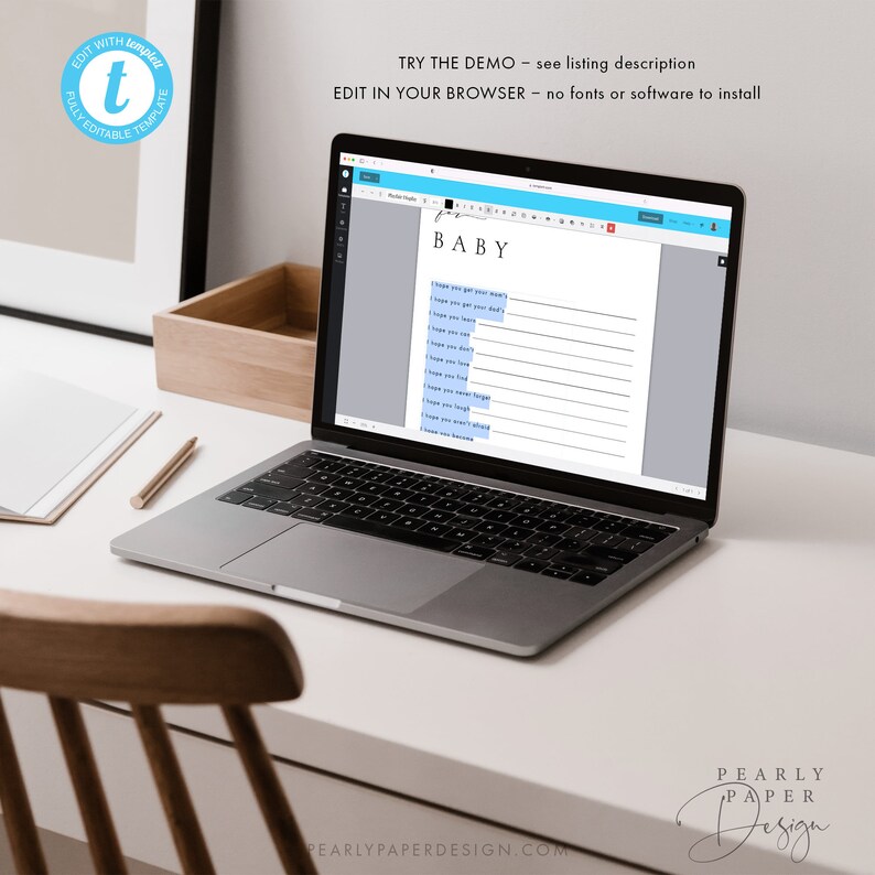 Może przedstawiać: Laptop wyświetlający drukowaną grę na baby shower z tekstem "BABY" i listą życzeń dla dziecka. Grę można edytować i dostosować za pomocą przeglądarki internetowej.