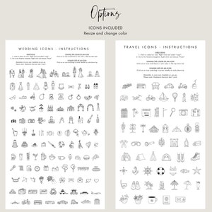 May include: A black and white illustration of wedding and travel icons. The icons include a variety of themes, such as wedding rings, wedding cake, church, airplane, suitcase, and more. The icons are arranged in a grid format and are labeled with the words "Wedding Icons" and "Travel Icons".