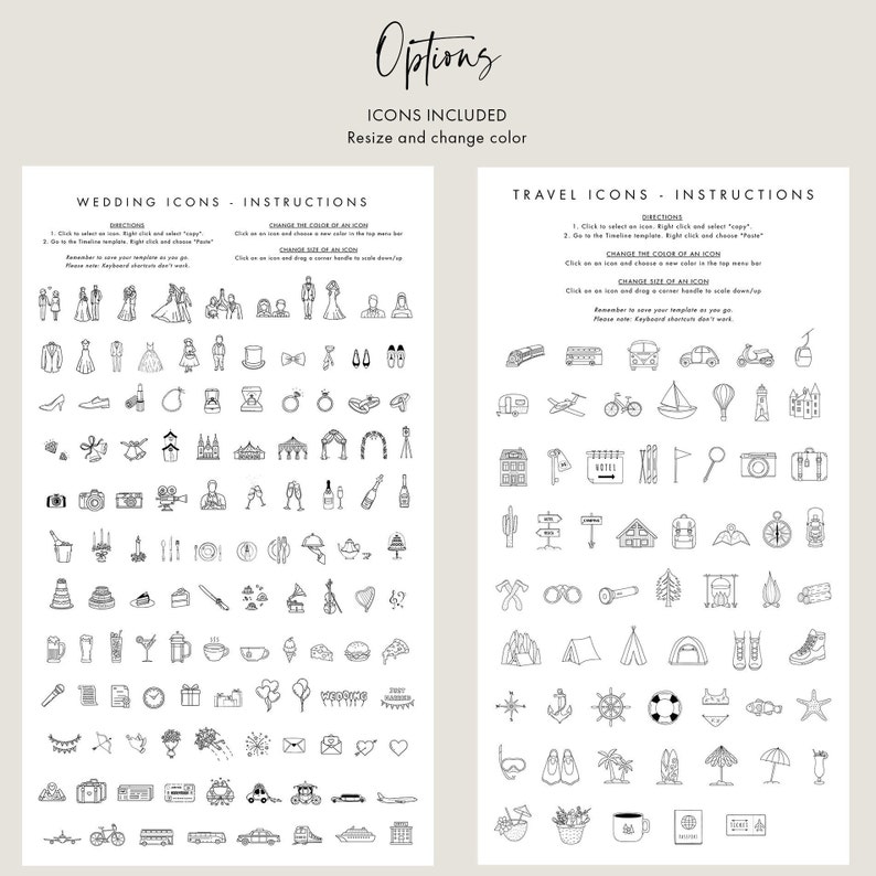 May include: A black and white illustration of wedding and travel icons. The icons include a variety of themes, such as wedding rings, wedding cake, church, airplane, suitcase, and more. The icons are arranged in a grid format and are labeled with the words "Wedding Icons" and "Travel Icons".