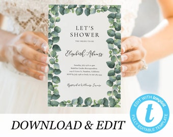 Eucalyptus Bridal Shower Invitation Template, Rustic Wedding Shower Invite, Printable fully Editable Instant download Templett