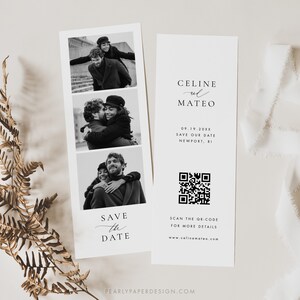 Fotostreifen Save the Date Vorlage mit QR-Code, Photobooth Save the Date Karte, Printable Save the Date einladen, Templett #CELINE