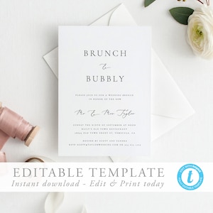 May include: A white wedding brunch invitation with a simple design. The text reads "Brunch & Bubbly" and includes the names "Mr. & Mrs. Tyler" and the date "Sunday the Ninth of September at Noon".