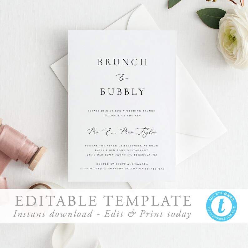 May include: A white wedding brunch invitation with a simple design. The text reads "Brunch & Bubbly" and includes the names "Mr. & Mrs. Tyler" and the date "Sunday the Ninth of September at Noon".