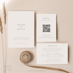 Wedding Invitation Bundle QR Code, Minimalist Wedding Invitation Set with Photo, Online Rsvp, Details Card, Editable Template #CELINE