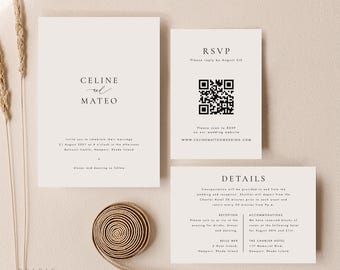Wedding Invitation Bundle QR Code, Minimalist Wedding Invitation Set with Photo, Online Rsvp, Details Card, Editable Template #CELINE