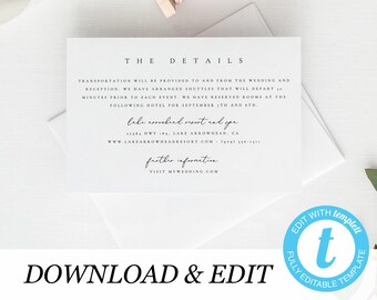 Details card Template, Details card Wedding Insert Printable Minimal simple elegant Information card Templett DIY instant download 10