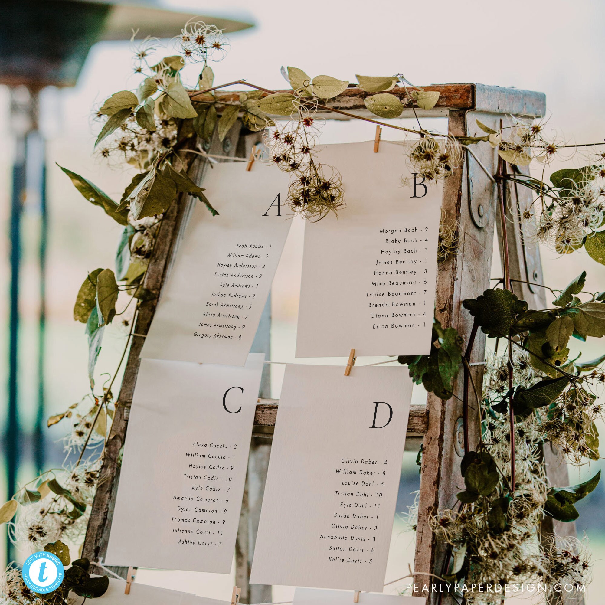 Alphabetical Seating Chart Cards Template, Elegant Seating Plan, Table ...