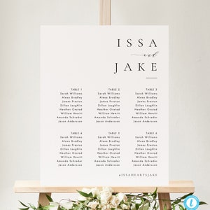 Puede incluir: Un diagrama de asientos de boda blanco con los nombres Issa y Jake en la parte superior. El diagrama enumera seis mesas con los nombres de los invitados en cada mesa.
